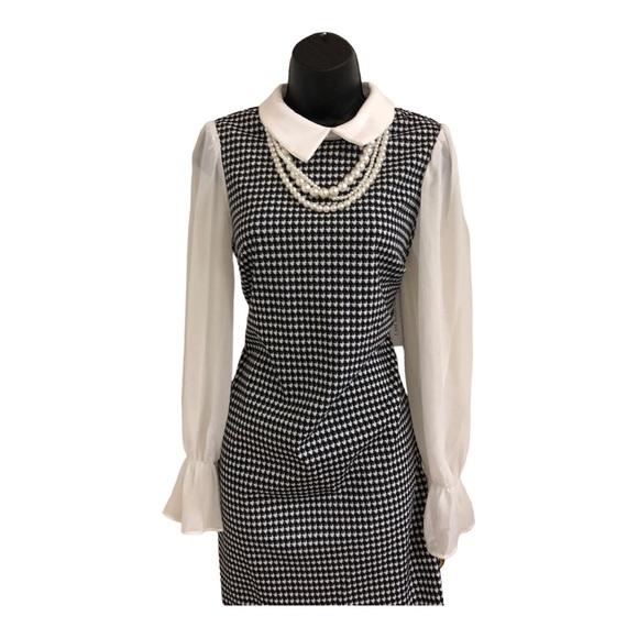 Black white houndstooth sheer long sleeve Pearl necklace Peter Pan collar sheath - Picture 6 of 15